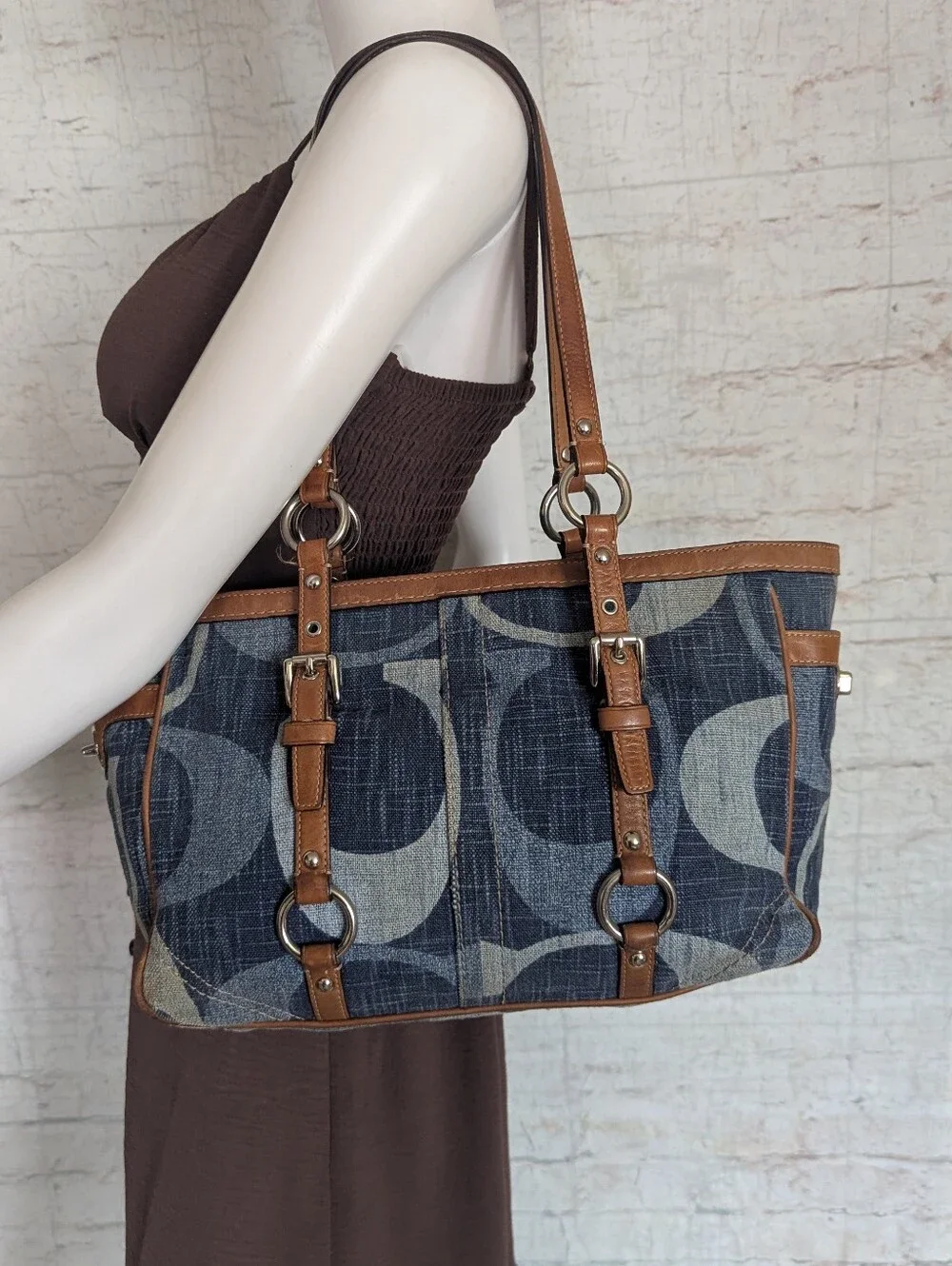 Coach Blue Pattern Logo Tote with Brown Trim